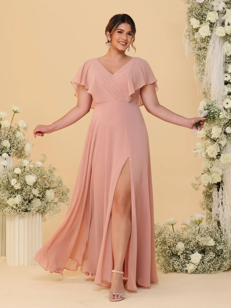A-Line/Princess V-Neck Short Sleeves Floor-Length Plus Size Bridesmaid Dresses With Side Slit sold by Lavetir product image thumbnail 3