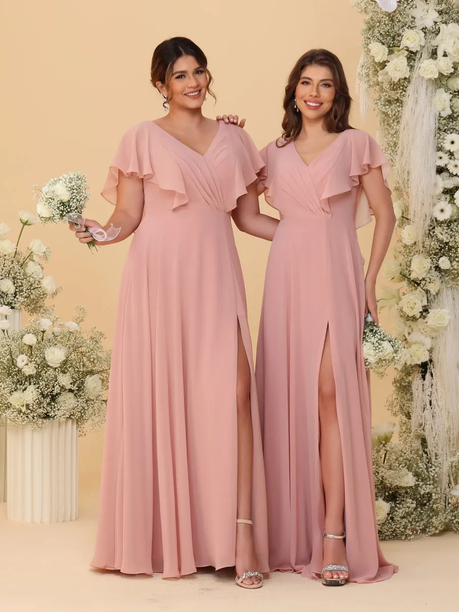 A-Line/Princess V-Neck Short Sleeves Floor-Length Ruched Bridesmaid Dresses With Side Slit sold by Lavetir product image thumbnail 3