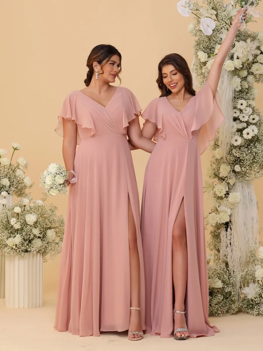 A-Line/Princess V-Neck Short Sleeves Floor-Length Ruched Bridesmaid Dresses With Side Slit sold by Lavetir product image thumbnail 4
