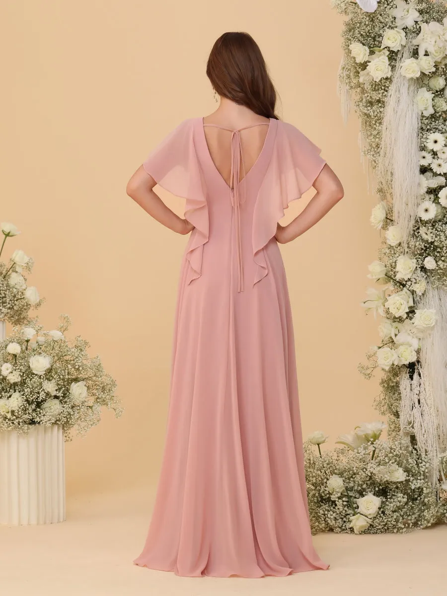 A-Line/Princess V-Neck Short Sleeves Floor-Length Ruched Bridesmaid Dresses With Side Slit sold by Lavetir product image thumbnail 2