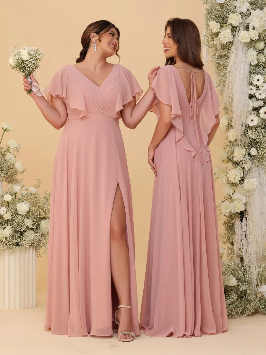 A-Line/Princess V-Neck Short Sleeves Floor-Length Ruched Bridesmaid Dresses With Side Slit sold by Lavetir