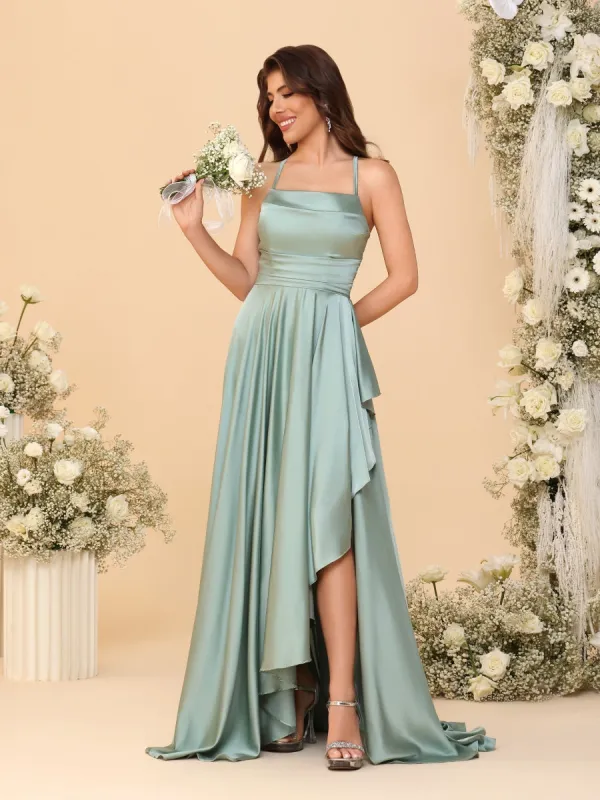 A-Line/Princess Spaghetti Straps Sleeveless Sweep Train Bridesmaid Dresses With Split Side sold by Lavetir