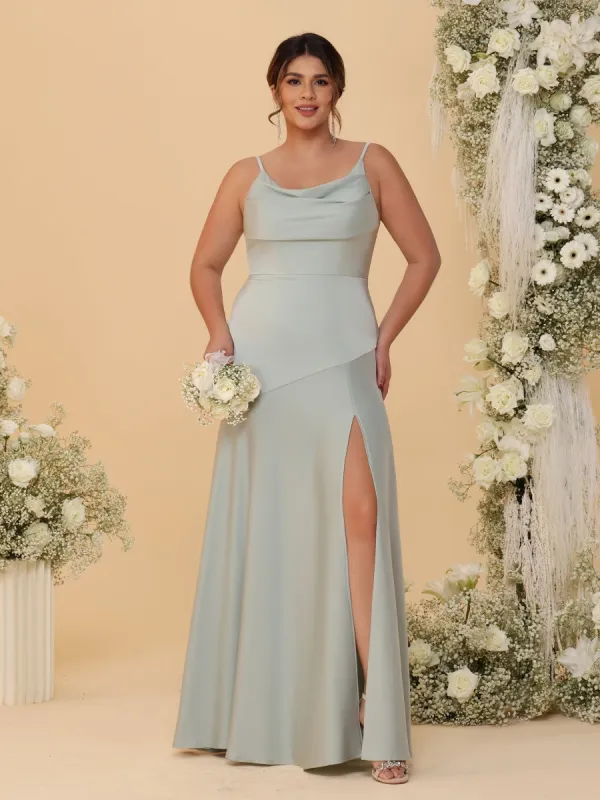 Sheath/Column Spaghetti Straps Cowl Neck Sleeveless Plus Size Bridesmaid Dresses With Split Side sold by Lavetir