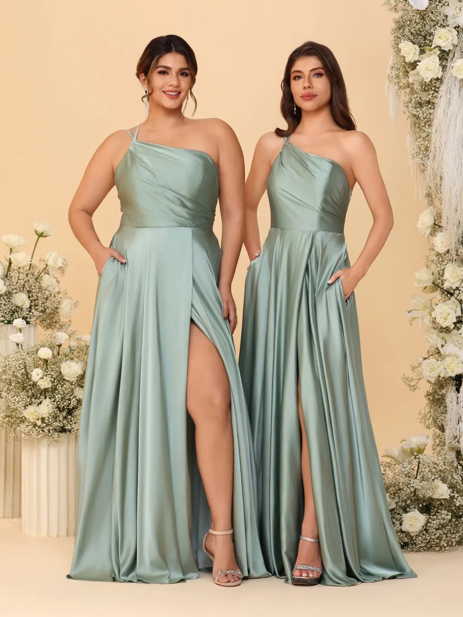 A-Line/Princess Spaghetti Straps Sleeveless Long Ruched Bridesmaid Dresses With Split Side sold by Lavetir product image thumbnail 3