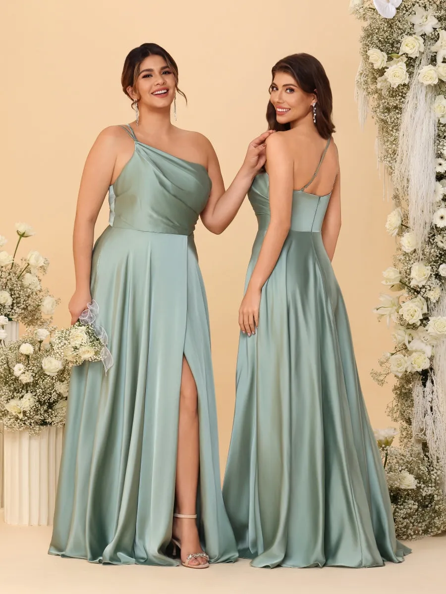A-Line/Princess Spaghetti Straps Sleeveless Long Ruched Bridesmaid Dresses With Split Side sold by Lavetir