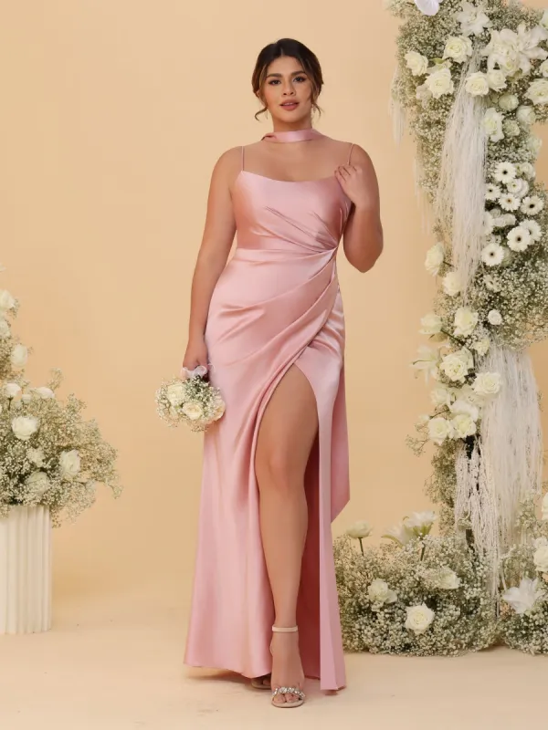 Sheath/Column Spaghetti Straps Sleeveless Floor-Length Ruched  Bridesmaid Dresses With Neck Scarf & Split Side sold by Lavetir