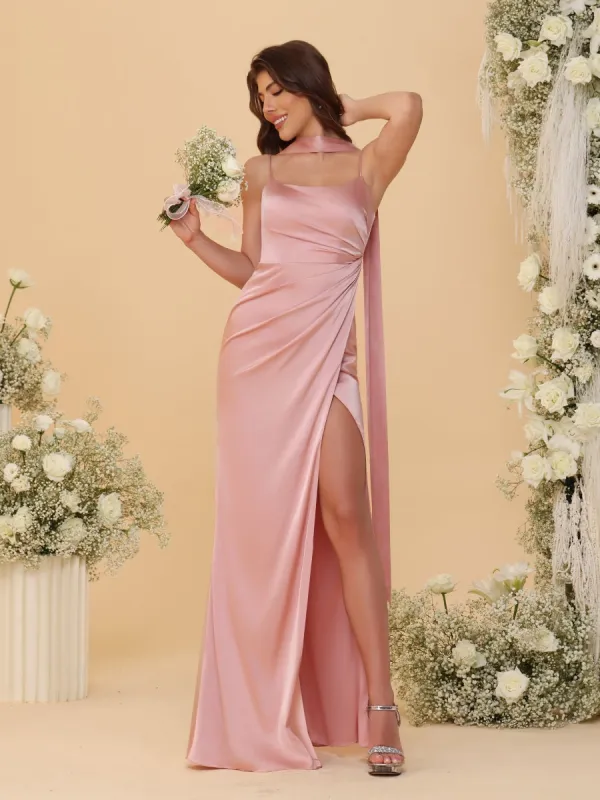 Sheath/Column Spaghetti Straps Sleeveless Floor-Length Ruched Bridesmaid Dresses With Neck Scarf & Split Side sold by Lavetir