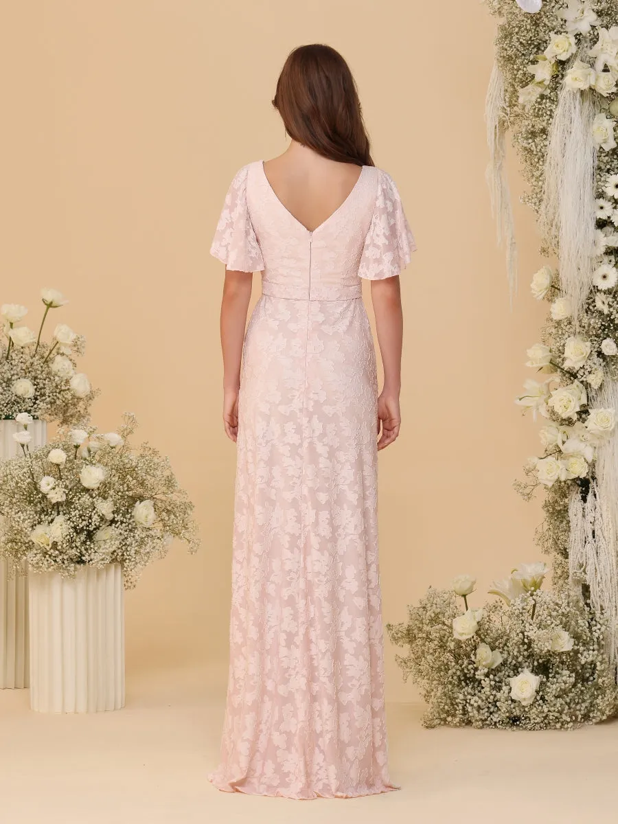 A-Line/Princess V-Neck Ruffle Short Sleeves Ruched Floor-Length Bridesmaid Dresses With Side Slit sold by Lavetir product image thumbnail 2