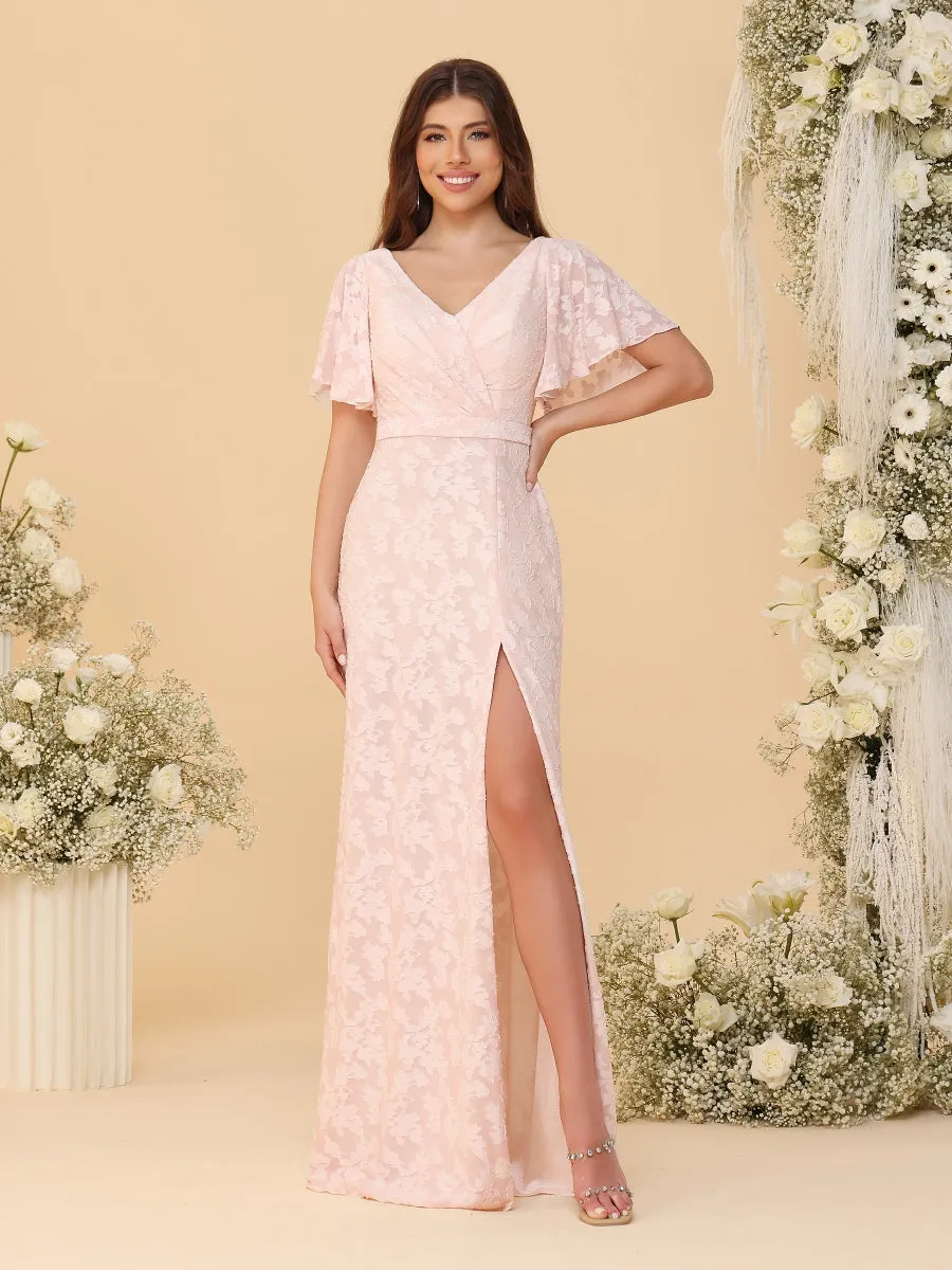 A-Line/Princess V-Neck Ruffle Short Sleeves Ruched Floor-Length Bridesmaid Dresses With Side Slit sold by Lavetir product image thumbnail 3