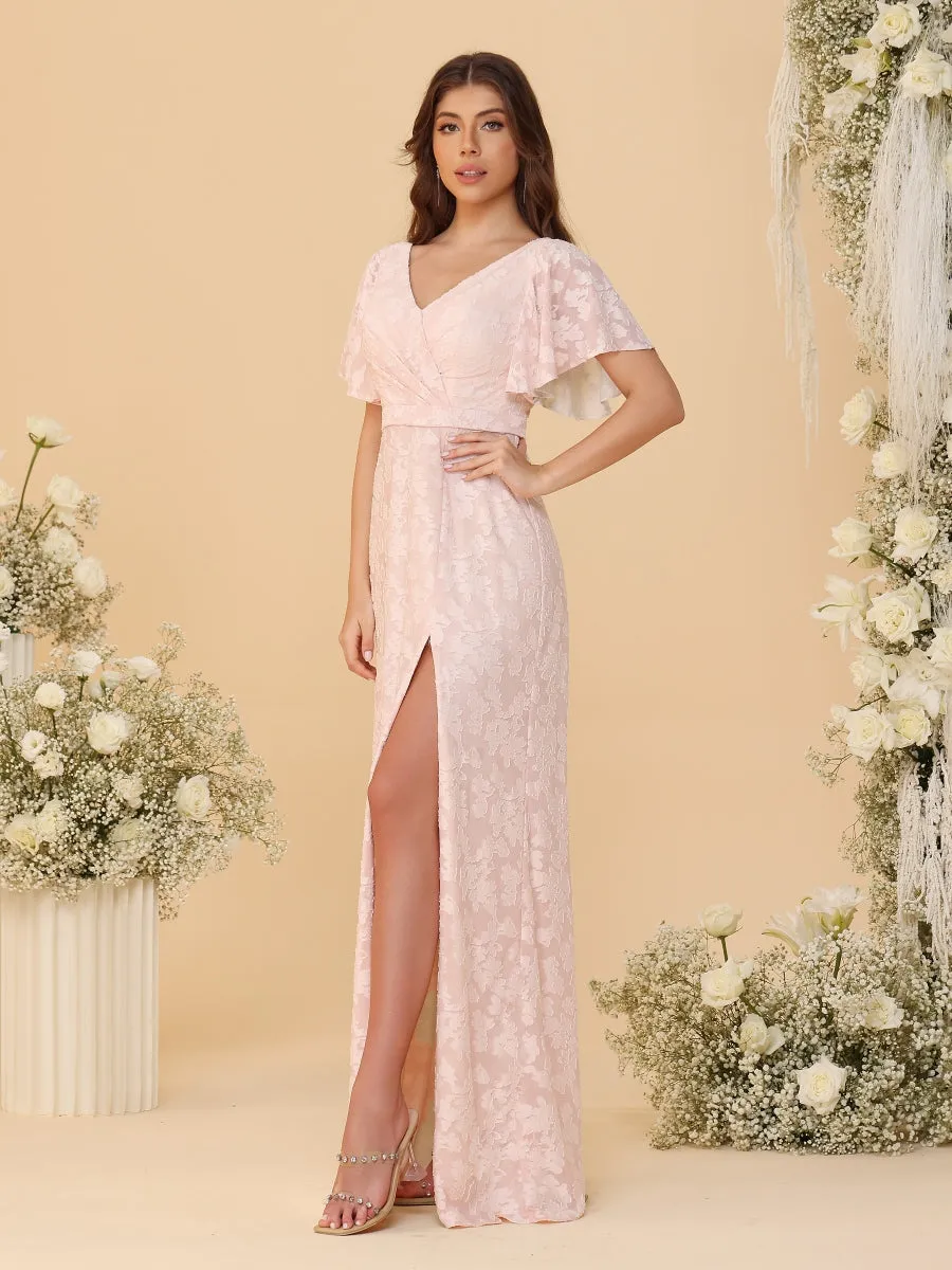 A-Line/Princess V-Neck Ruffle Short Sleeves Ruched Floor-Length Bridesmaid Dresses With Side Slit sold by Lavetir product image thumbnail 5