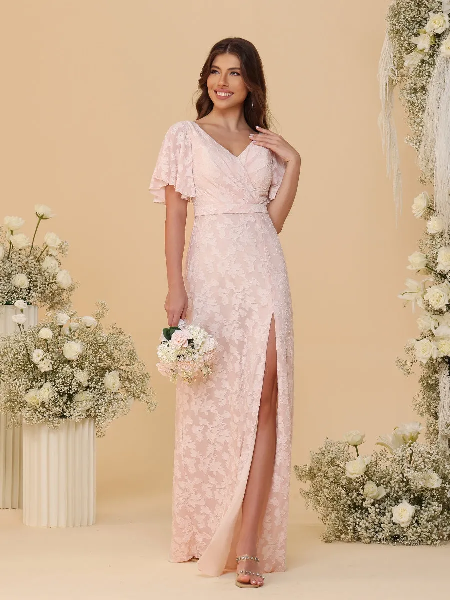 A-Line/Princess V-Neck Ruffle Short Sleeves Ruched Floor-Length Bridesmaid Dresses With Side Slit sold by Lavetir product image thumbnail 4