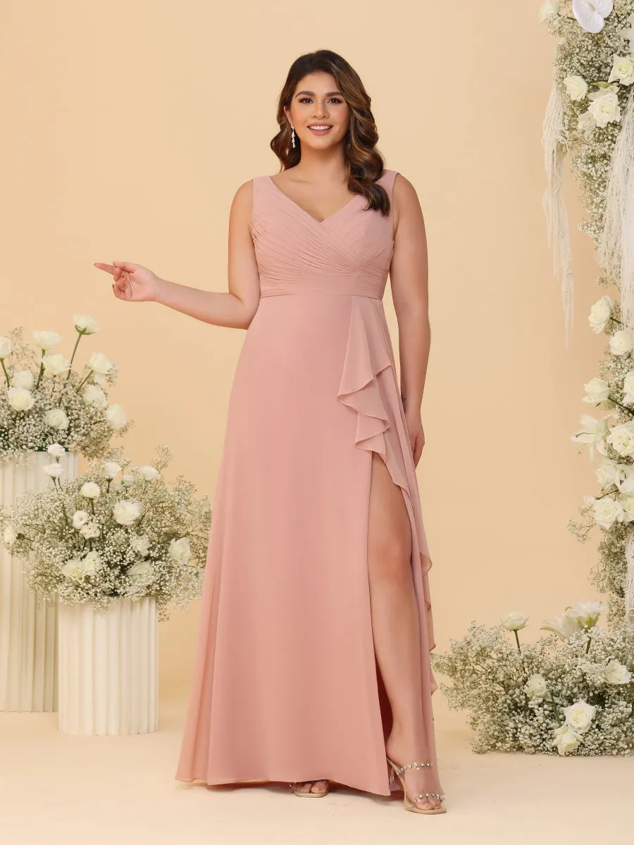 A-Line/Princess V-Neck Sleeveless Ruched Chiffon Plus Size Bridesmaid Dresses With Side Slit & Ruffles sold by Lavetir
