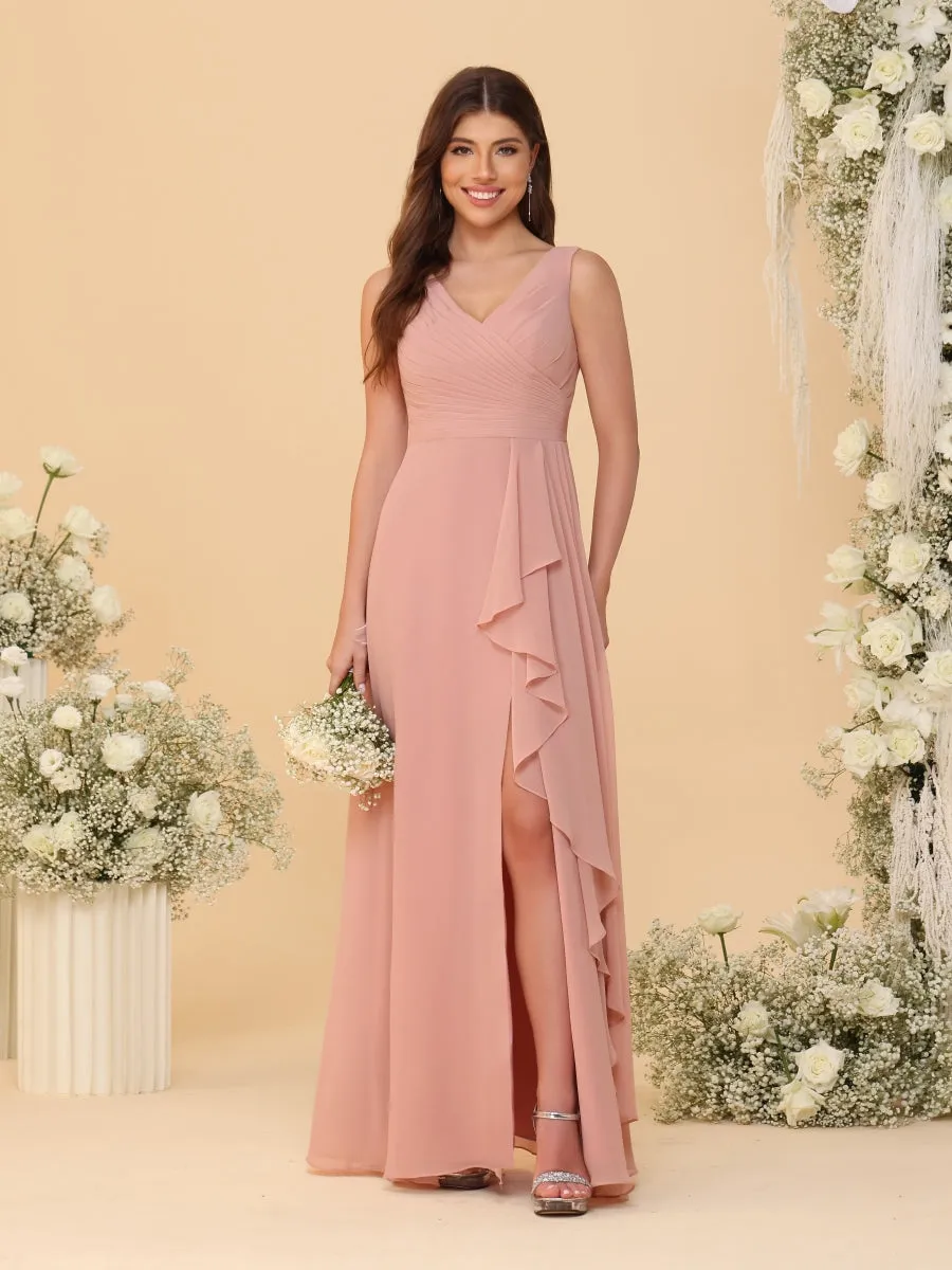 A-Line/Princess V-Neck Sleeveless Ruched Long Chiffon Bridesmaid Dresses With Side Slit & Ruffles sold by Lavetir product image thumbnail 5