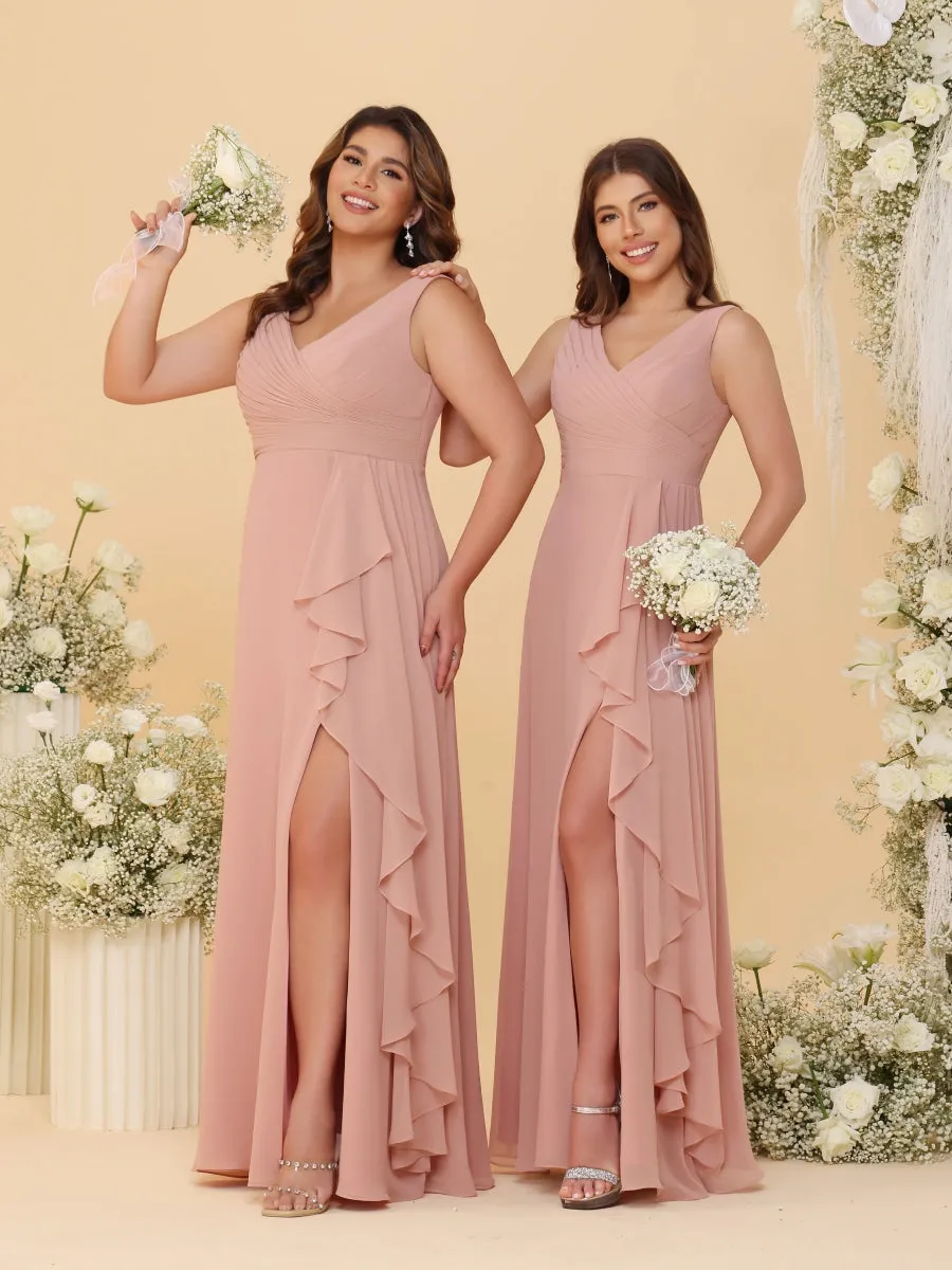 A-Line/Princess V-Neck Sleeveless Ruched Long Chiffon Bridesmaid Dresses With Side Slit & Ruffles sold by Lavetir product image thumbnail 3