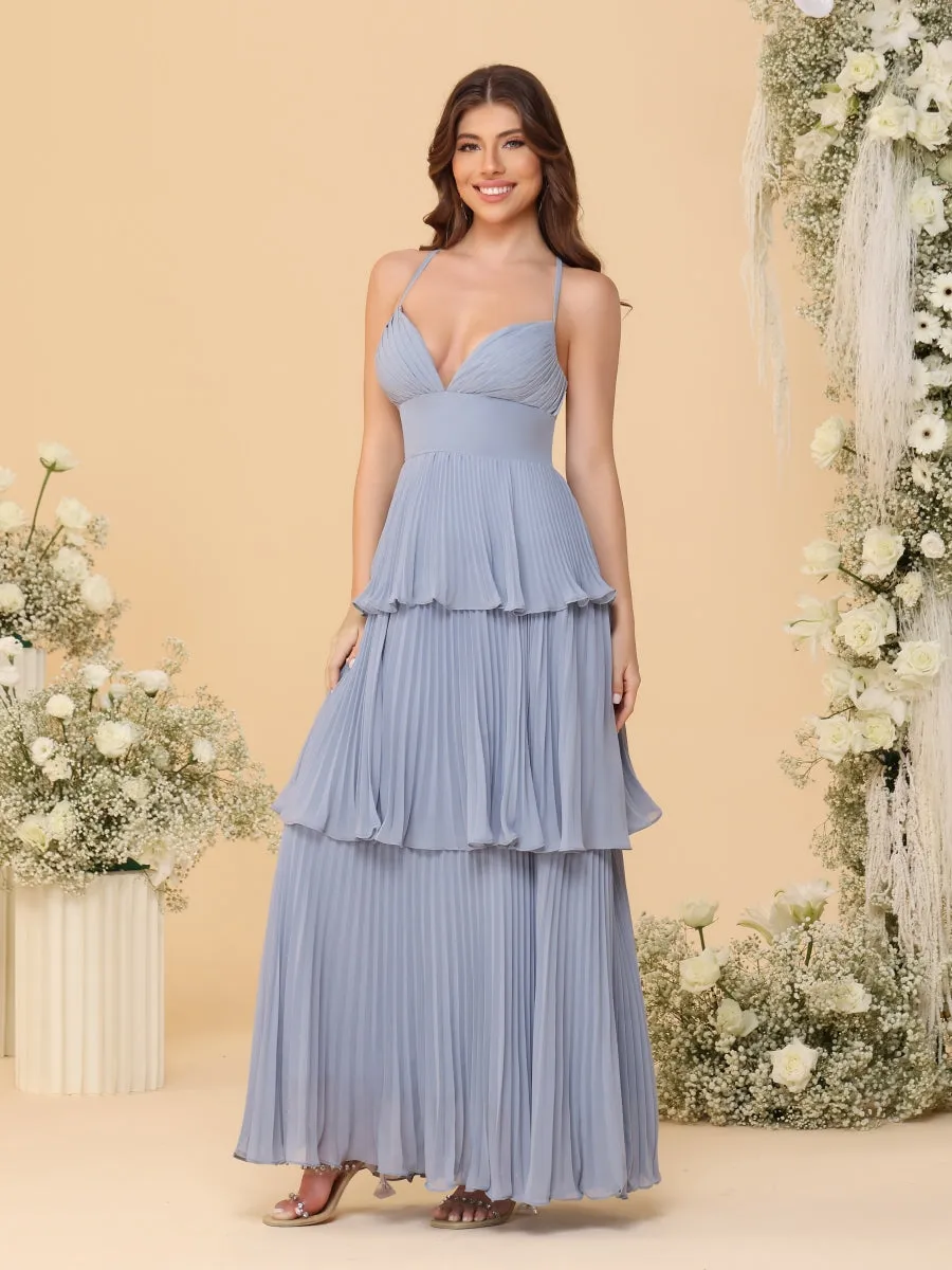 A-Line/Princess Spaghetti Straps Sleeveless Floor-Length Tiered Bridesmaid Dresses With Side Slit & Pleats sold by Lavetir
