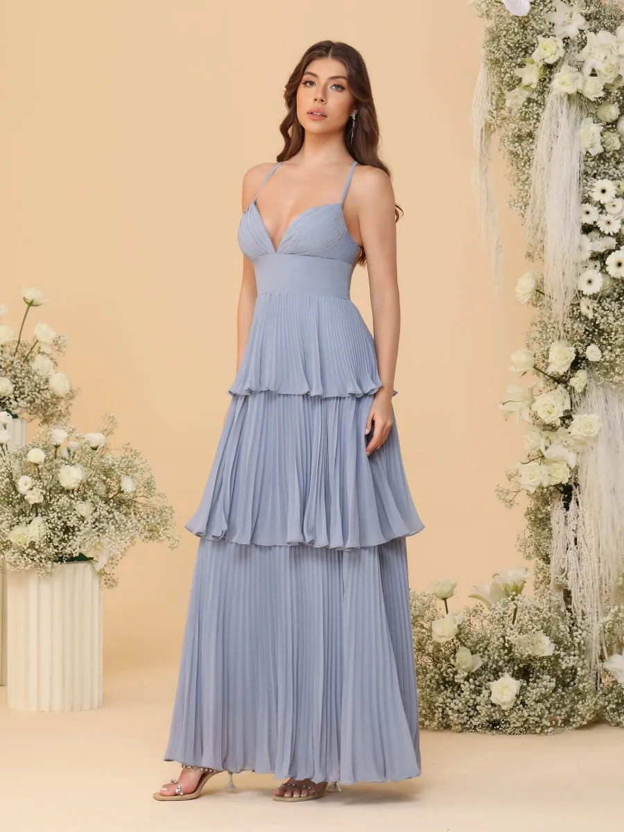 A-Line/Princess Spaghetti Straps Sleeveless Floor-Length Tiered Bridesmaid Dresses With Side Slit & Pleats sold by Lavetir product image thumbnail 3