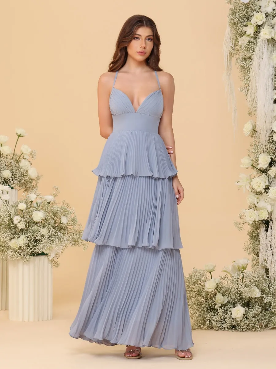 A-Line/Princess Spaghetti Straps Sleeveless Floor-Length Tiered Bridesmaid Dresses With Side Slit & Pleats sold by Lavetir product image thumbnail 5
