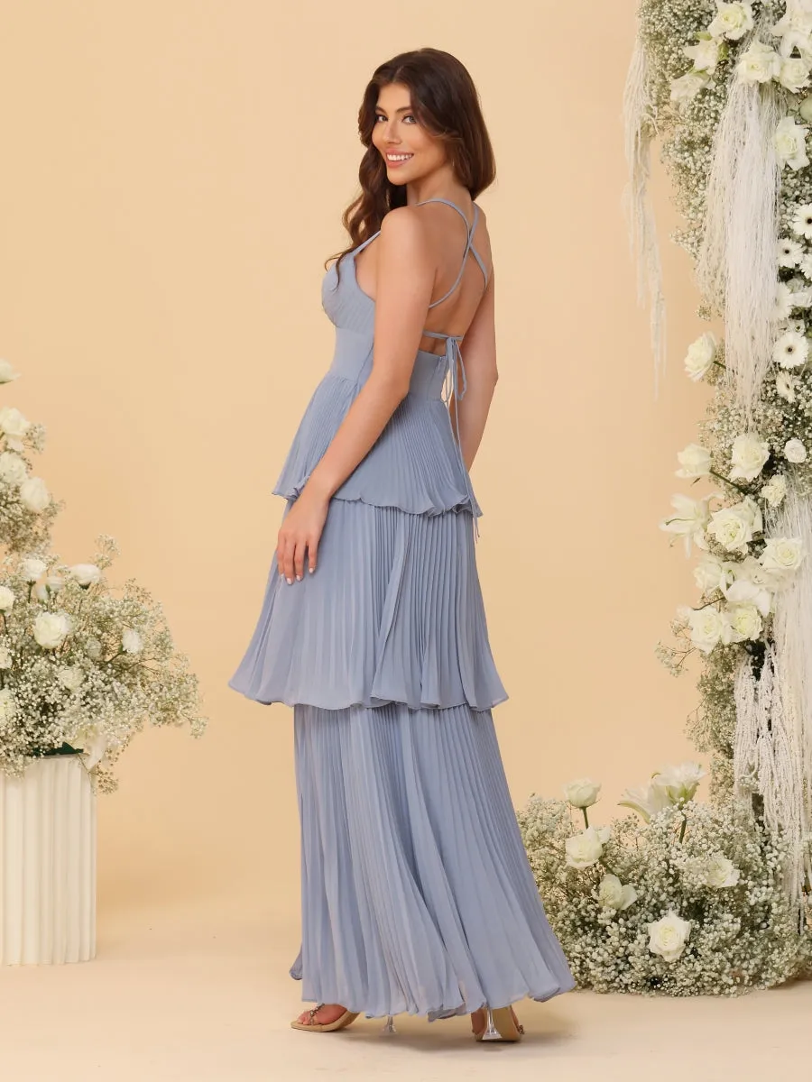 A-Line/Princess Spaghetti Straps Sleeveless Floor-Length Tiered Bridesmaid Dresses With Side Slit & Pleats sold by Lavetir product image thumbnail 2