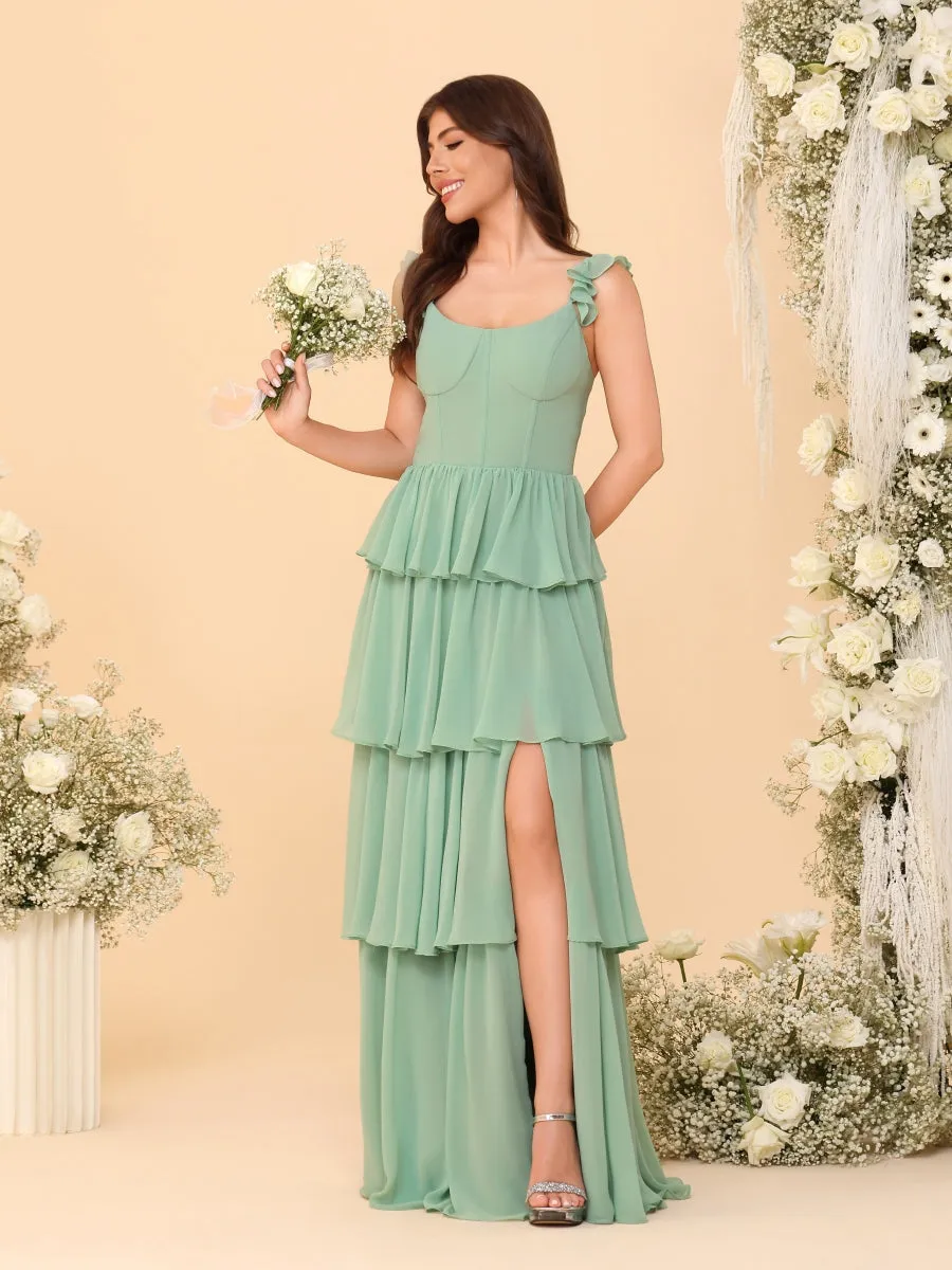 A-Line/Princess Scoop Sleeveless Floor-Length Bridesmaid Dresses With Ruffles & Side Slit sold by Lavetir product image thumbnail 3