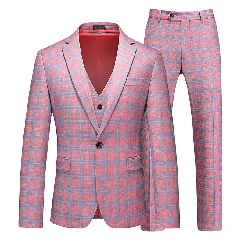 Tailored Fit Notched Lapel Single Breasted One-Button Grid 3 Piece Men's Party Suits sold by Lavetir