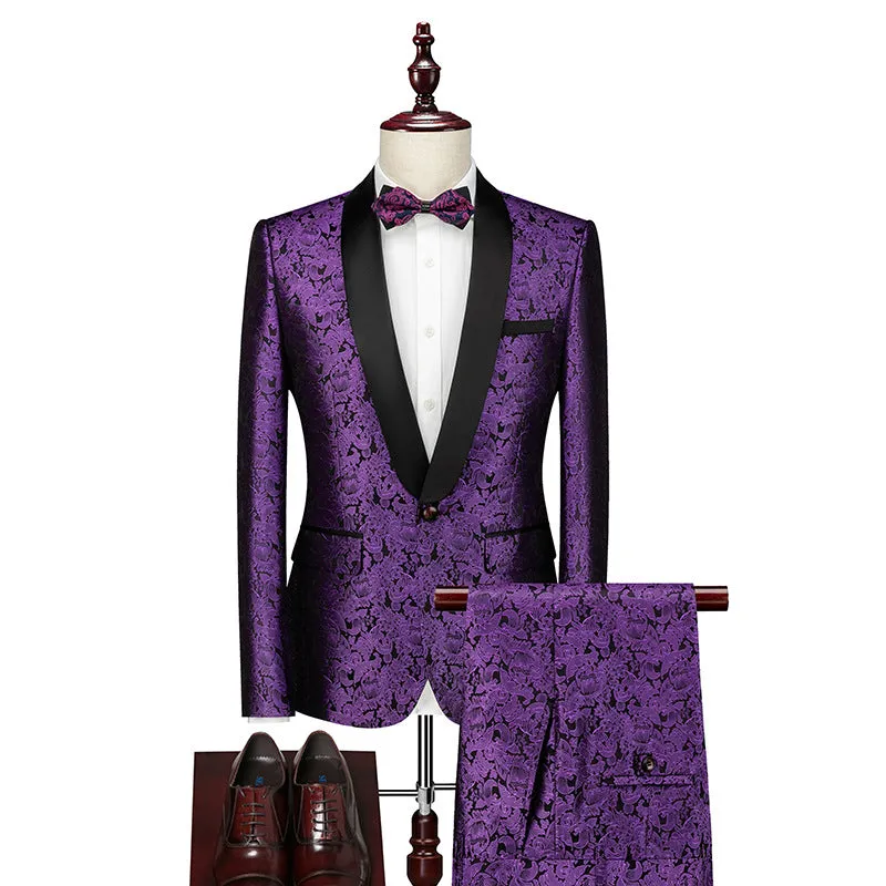 Tailored Fit Shawl Lapel Single Breasted One-Button Jacquard 2 Piece Men's Party Suits sold by Lavetir