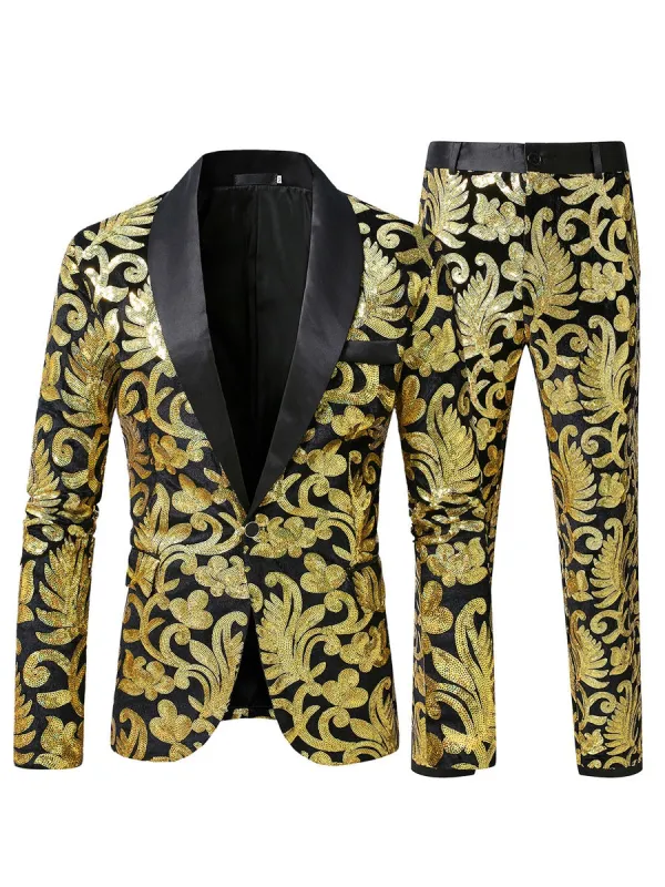 Tailored Fit Shawl Lapel Single Breasted One-Button 2 Piece Men's Party Suits with Sequin Appliques sold by Lavetir