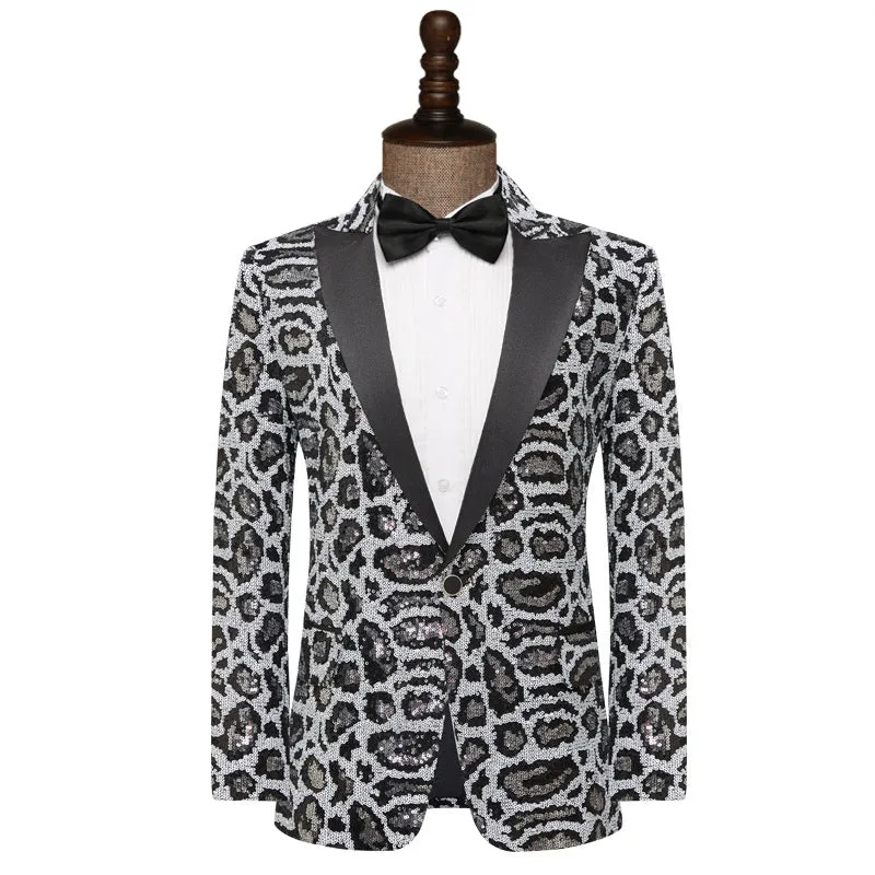 Tailored Fit Peaked Lapel Single Breasted One-Button Leopard Prined Sequin Men's Party Jacket sold by Lavetir