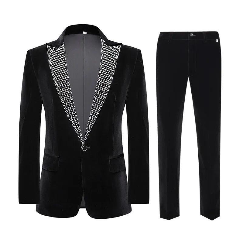 Tailored Fit Peaked Lapel Single Breasted One-Button 2 Pieces Men's Party Suits with Rhinestones sold by Lavetir