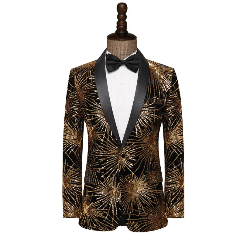 Tailored Fit Notched Lapel Single Breasted One-Button Men's Party Jacket with Sequins sold by Lavetir