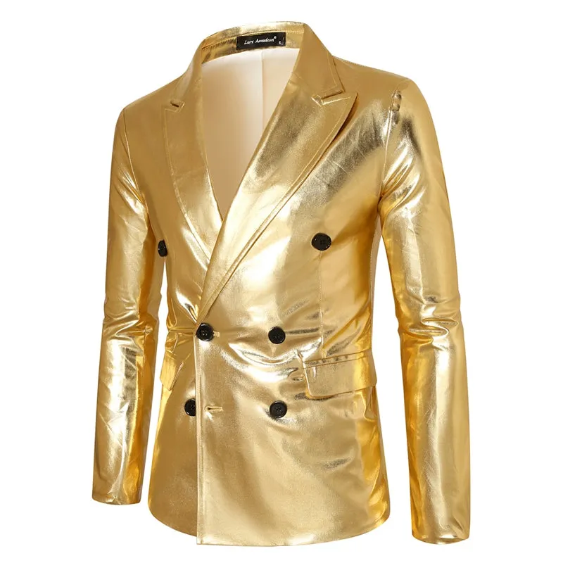 Tailored Fit Peaked Lapel Double Breasted Six-Button Metallic Men's Party Jacket sold by Lavetir
