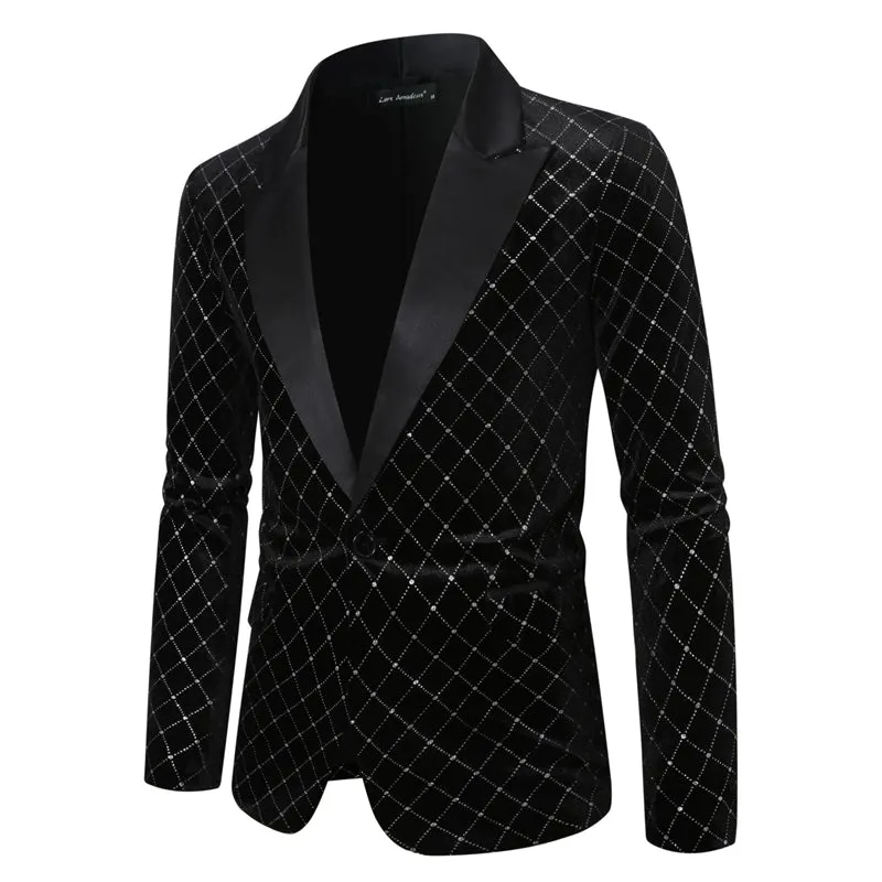 Tailored Fit Peaked Lapel Single Breasted One-Button Diamond Pattern Men's Party Jacket sold by Lavetir
