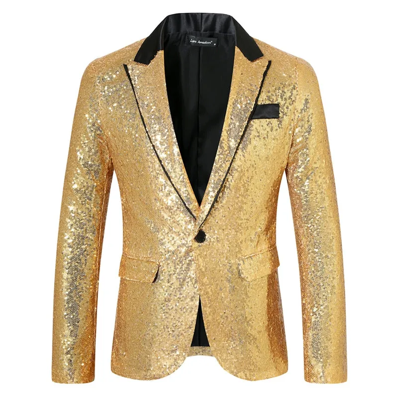 Tailored Fit Peaked Lapel Single Breasted One-Button Sequin Men's Party Jacket with Pockets sold by Lavetir