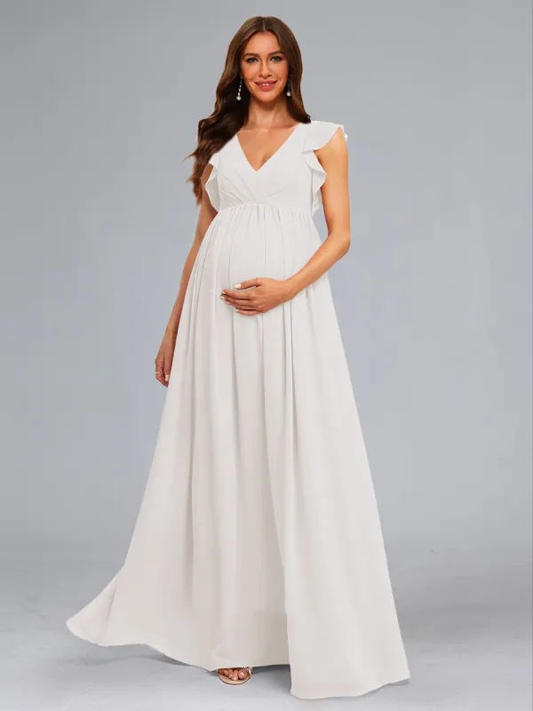 A-Line/Princess Chiffon Sleeveless Ruched Floor-Length Maternity Dresses with Ruffles sold by Lavetir