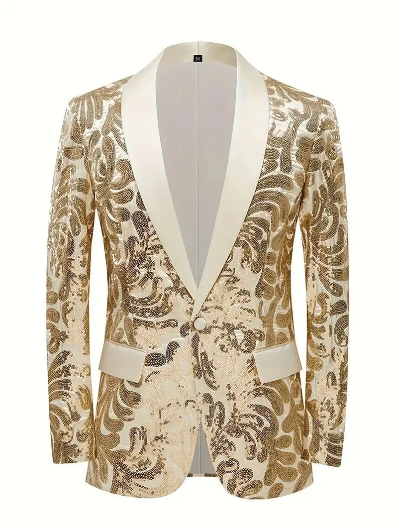 Tailored Fit Shawl Lapel Single Breasted One-Button Men's Party Jacket with Sequins Appliques sold by Lavetir