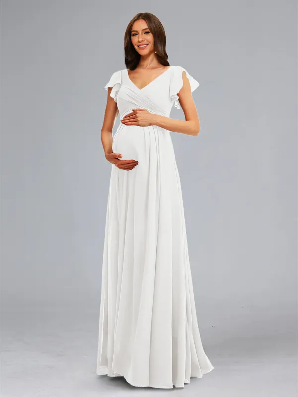 A-Line/Princess V-Neck Short Sleeves Ruched Floor-Length Maternity Dresses sold by Lavetir