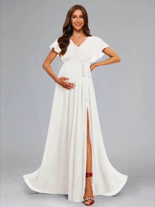 A-Line/Princess V-Neck Flutter Sleeves Ruched Elegant Maternity Dresses with Sash & Split Side sold by Lavetir