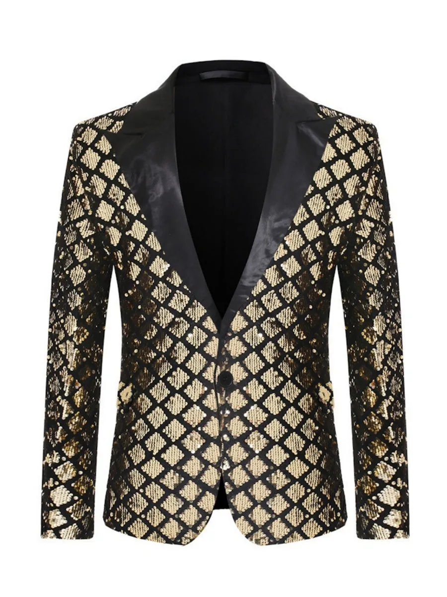 Tailored Fit Peaked Lapel Single Breasted One-Button Sequin Men's Party Jacket sold by Lavetir