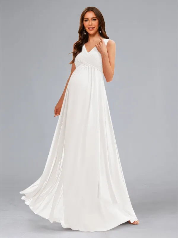 A-Line/Princess Ruched V-Neck Sleeveless Floor-Length Maternity Dresses with Pleats sold by Lavetir