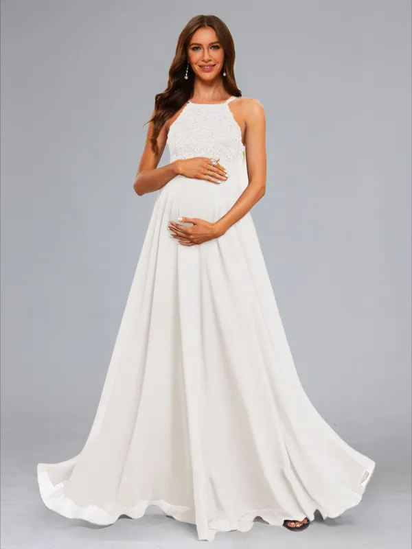 Chiffon A-Line/Princess Halter Sleeveless Floor-Length Maternity Dresses with Lace sold by Lavetir