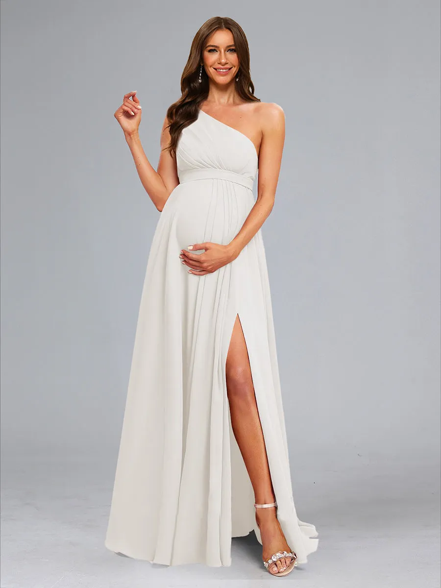 A-Line/Princess One-Shoulder Ruched Long Chiffon Maternity Dresses with Split Side sold by Lavetir