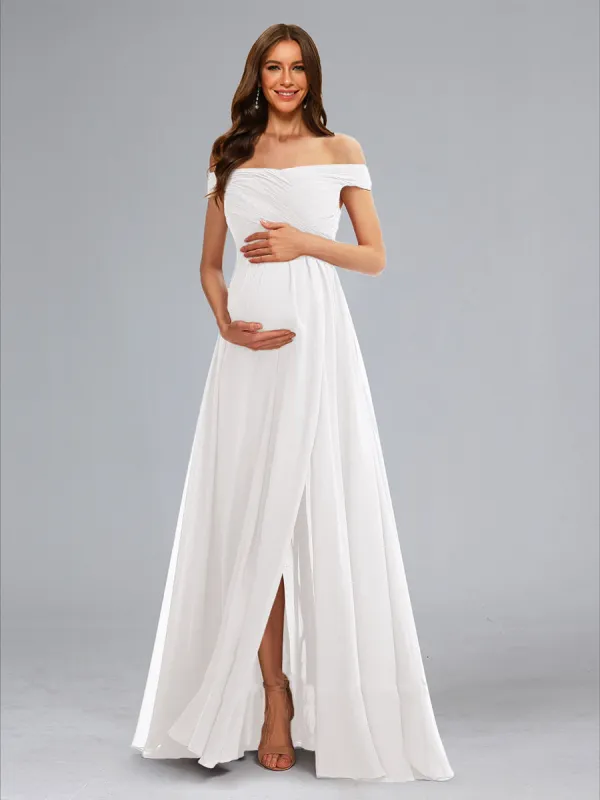 A-Line/Princess Off-the-Shoulder Sleeveless Ruched Formal Maternity Dresses sold by Lavetir