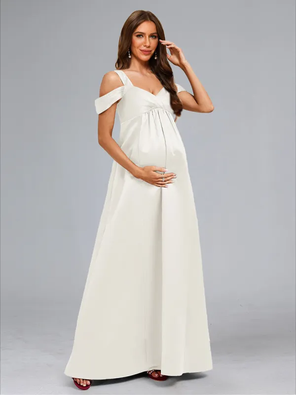 A-Line/Princess Cold Shoulder Floor-Length Maternity Dresses with Button sold by Lavetir