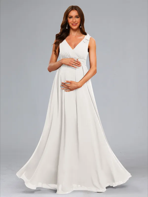 A-Line/Princess Sleeveless Long Chiffon Wedding Maternity Dresses with Bow & Pleats sold by Lavetir