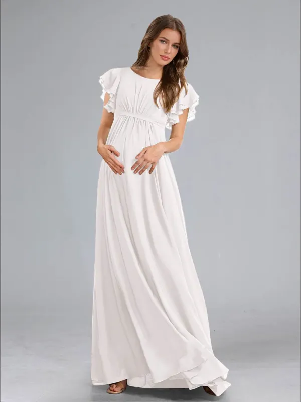 A-Line/Princess Scoop Flutter Sleeves Ruched Maternity Dresses with Sash sold by Lavetir