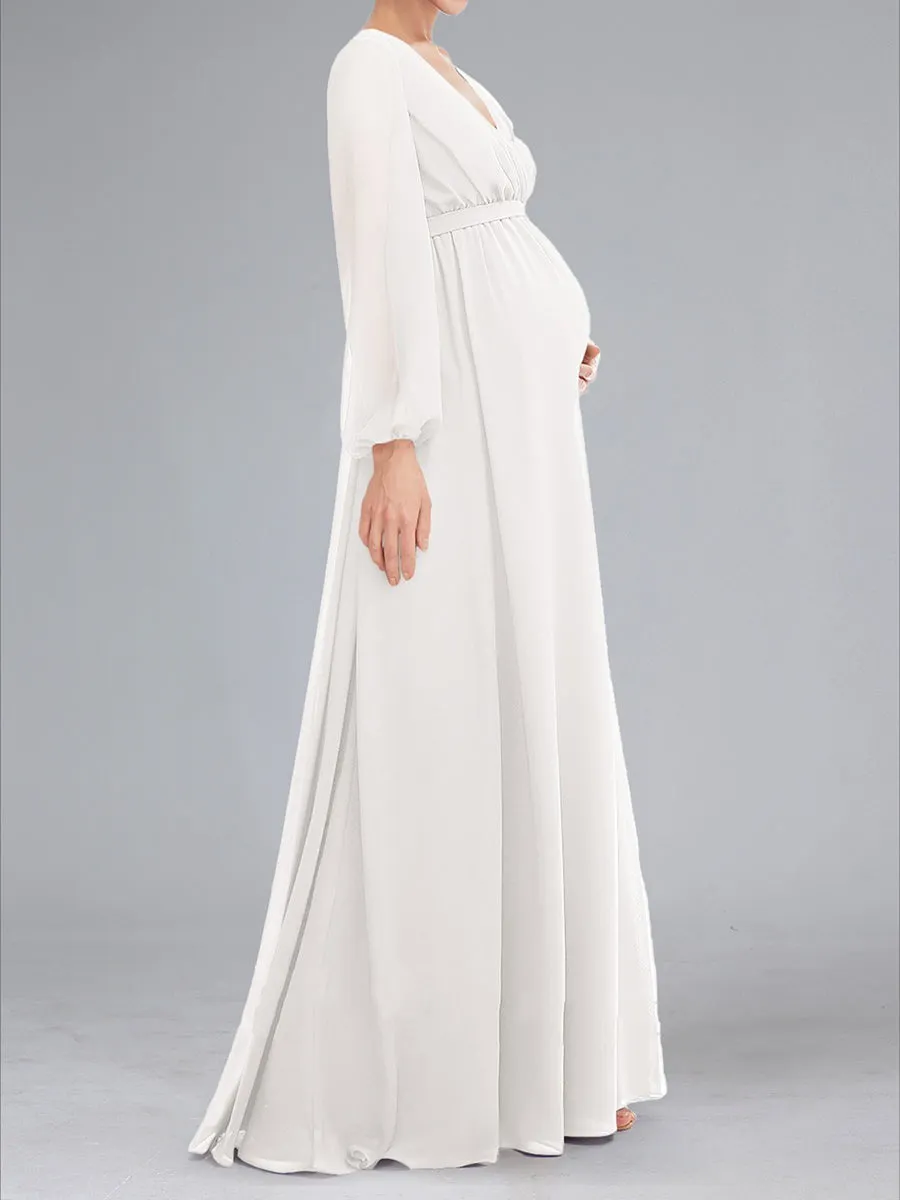 A-Line V-Neck Long Sleeves Floor-Length Maternity Dresses with Sash & Split Side sold by Lavetir product image thumbnail 3