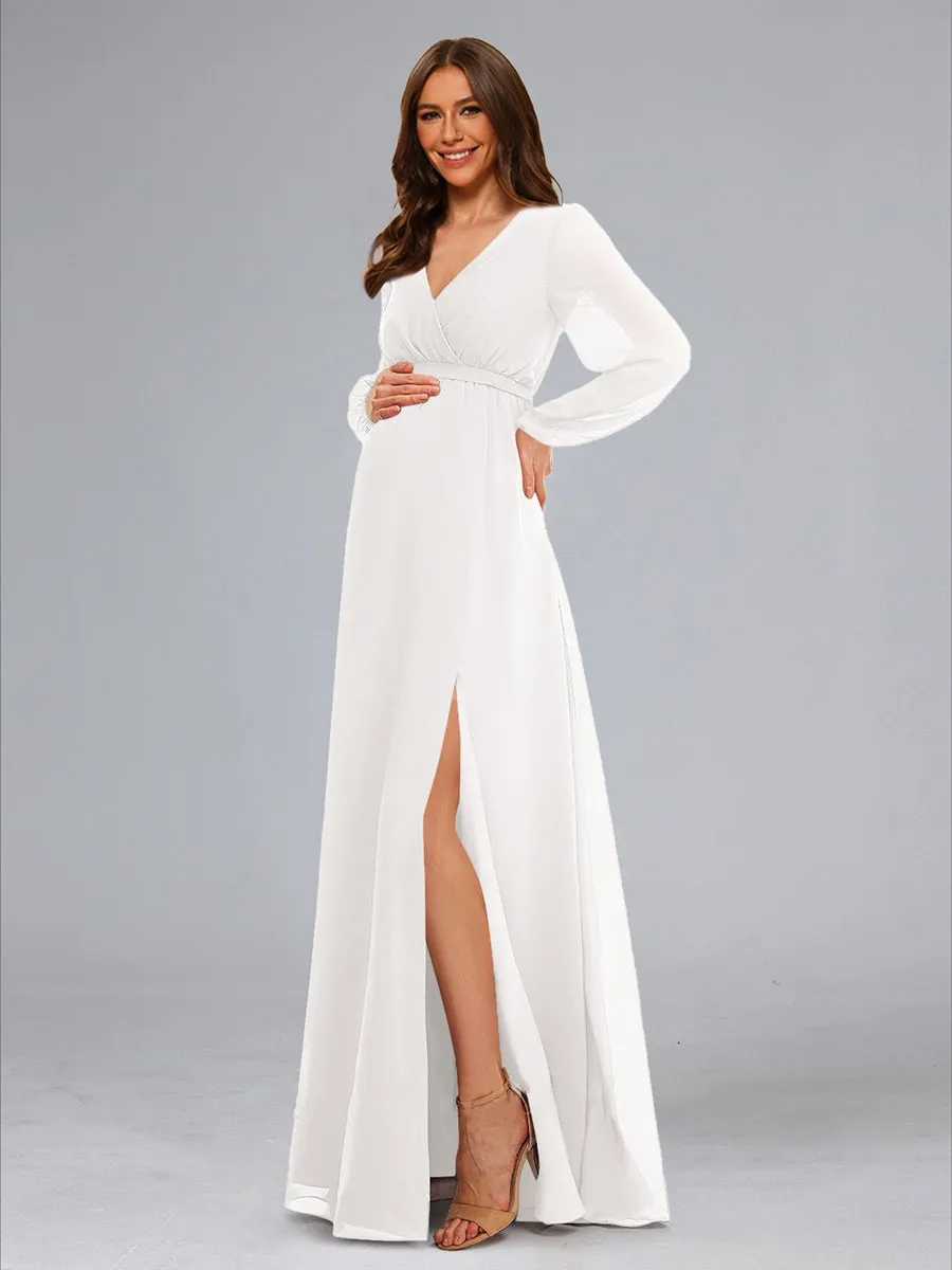 A-Line V-Neck Long Sleeves Floor-Length Maternity Dresses with Sash & Split Side sold by Lavetir