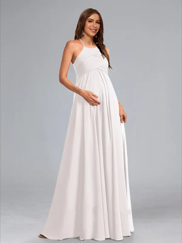A-Line Halter Neck Ruched Chiffon Floor-Length Maternity Dresses with Pleats sold by Lavetir