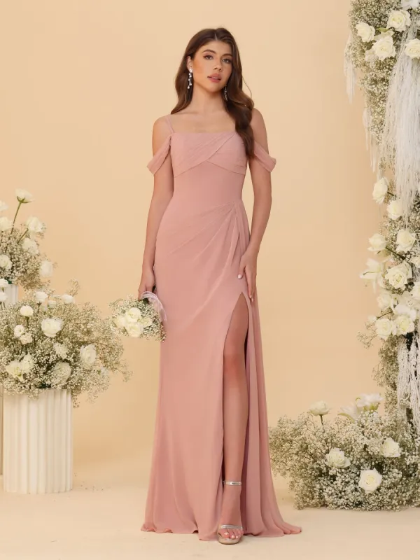 Sheath/Column Off-the-Shoulder Spaghetti Straps Long Ruched Bridesmaid Dresses With Side Slit sold by Lavetir