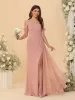Sheath/Column Off-the-Shoulder Spaghetti Straps Long Ruched Bridesmaid Dresses With Side Slit sold by Lavetir