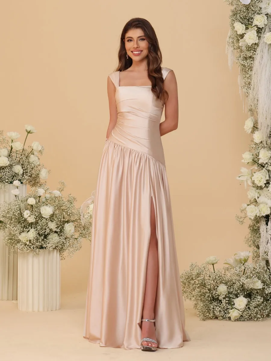 A-Line/Princess Off-the-Shoulder Ruched Long Bridesmaid Dresses With Side Slit & Pleats sold by Lavetir product image thumbnail 5